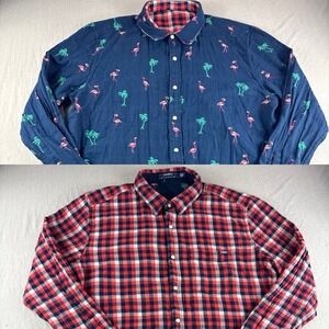 Chubbies Flip It Reverse It Pearl Snap Shirt Mens XL Flamingo Plaid Palm Trees